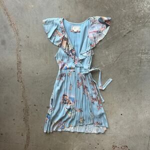 Maeve Anthropologie Rosalia Wrap Dress Women's 12 Blue Floral Ruffled Sleeveless